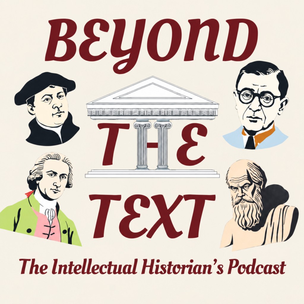 Beyond the Text podcast logo featuring four historical thinkers around a classical building