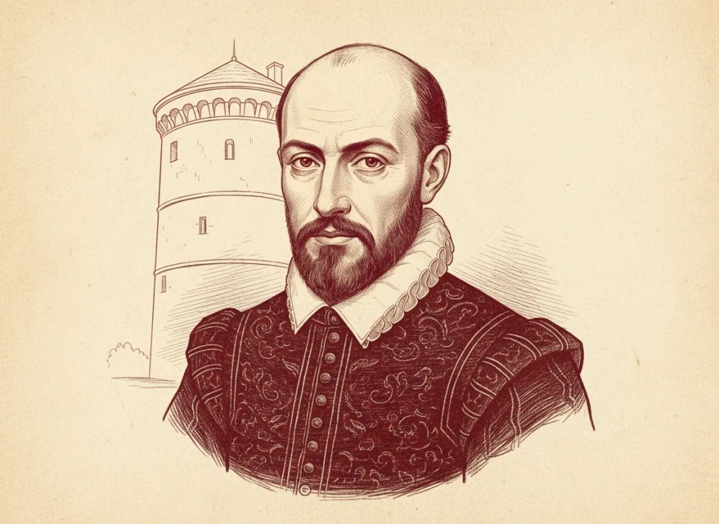Illustration of Michel de Montaigne in a Renaissance ruff, with his tower study suggested behind him.